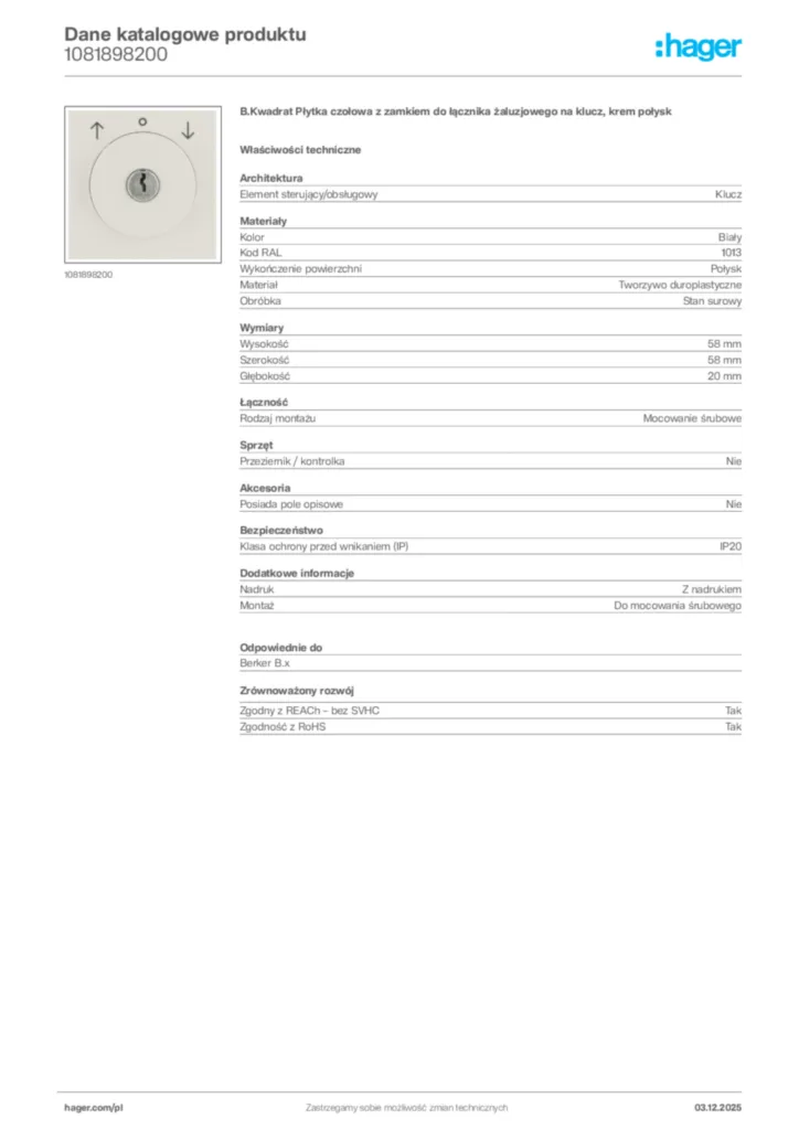 Zdjęcie Hager Dane katalogowe produktu 1081898200 | Hager Polska