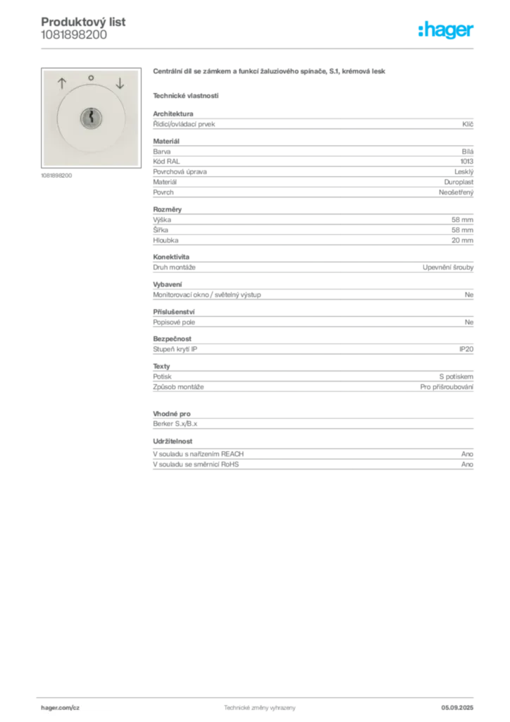 Obrázek Hager Produktový list 1081898200 | Hager