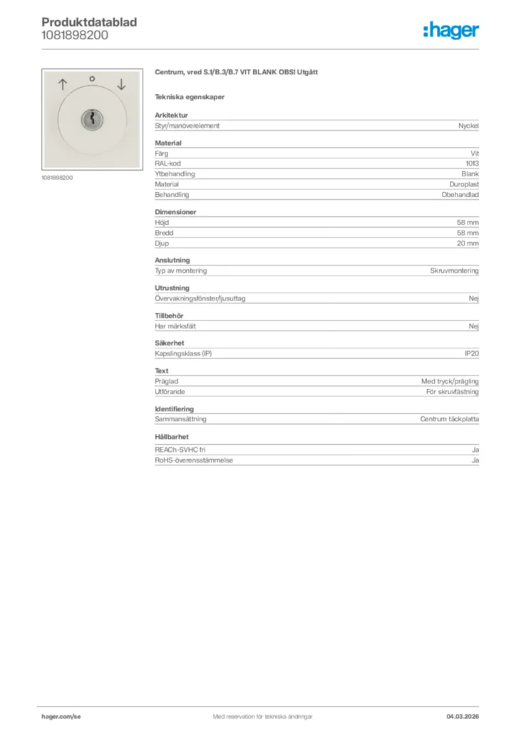 Bild Hager Produktdatablad 1081898200 | Hager Sverige