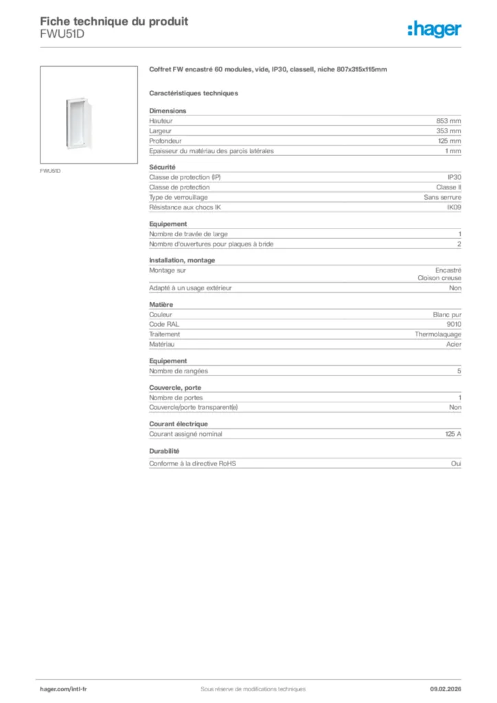 Image Hager Fiche technique du produit FWU51D | Hager Afrique