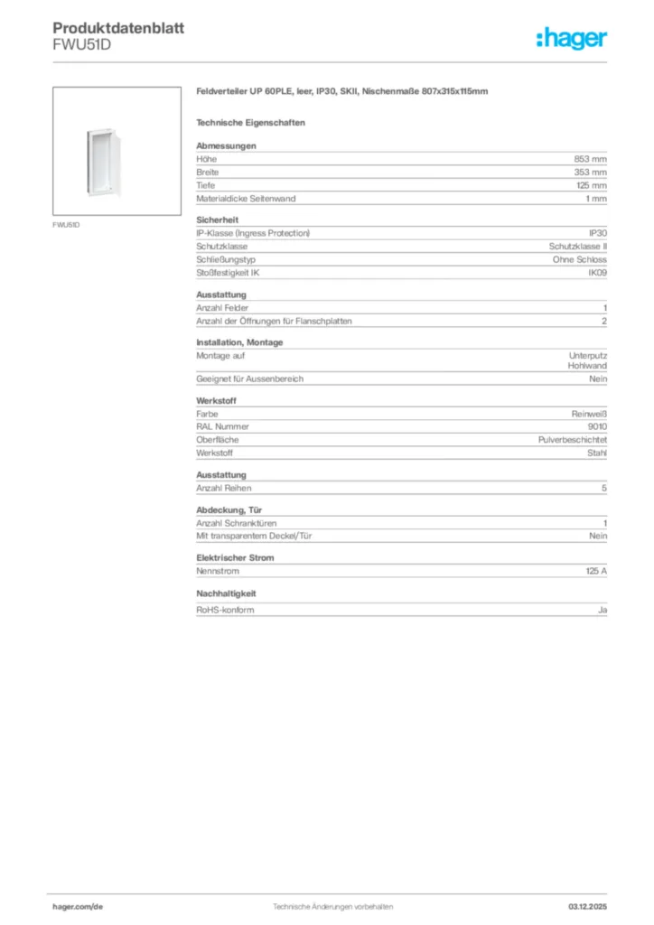Bild Hager Produktdatenblatt FWU51D | Hager Deutschland