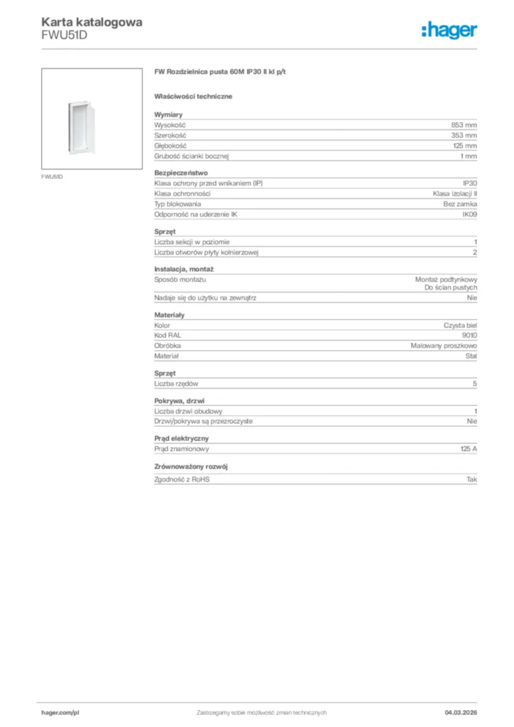 Zdjęcie Hager Karta katalogowa FWU51D | Hager Polska