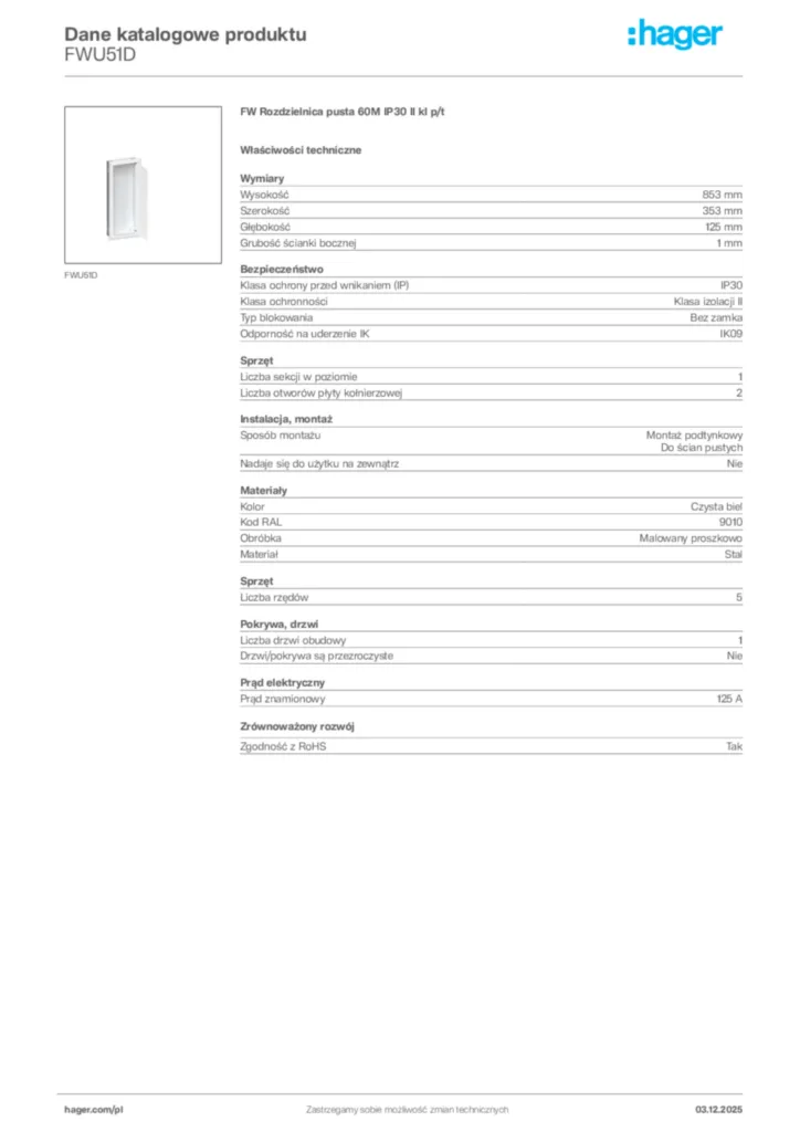 Zdjęcie Hager Dane katalogowe produktu FWU51D | Hager Polska