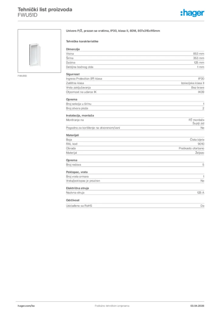 Slika Hager Tehnički list proizvoda FWU51D  | Hager