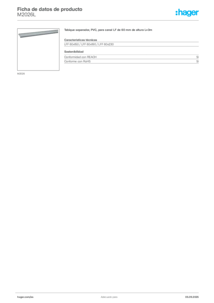 Imagen Hager Ficha de datos de producto M2026L | Hager España