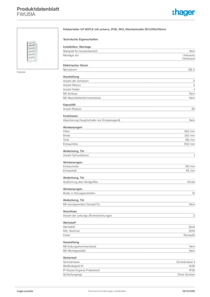 Bild Hager Produktdatenblatt FWU51A | Hager Deutschland