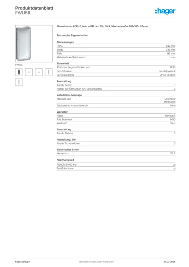 Bild Hager Produktdatenblatt FWU51L | Hager Deutschland