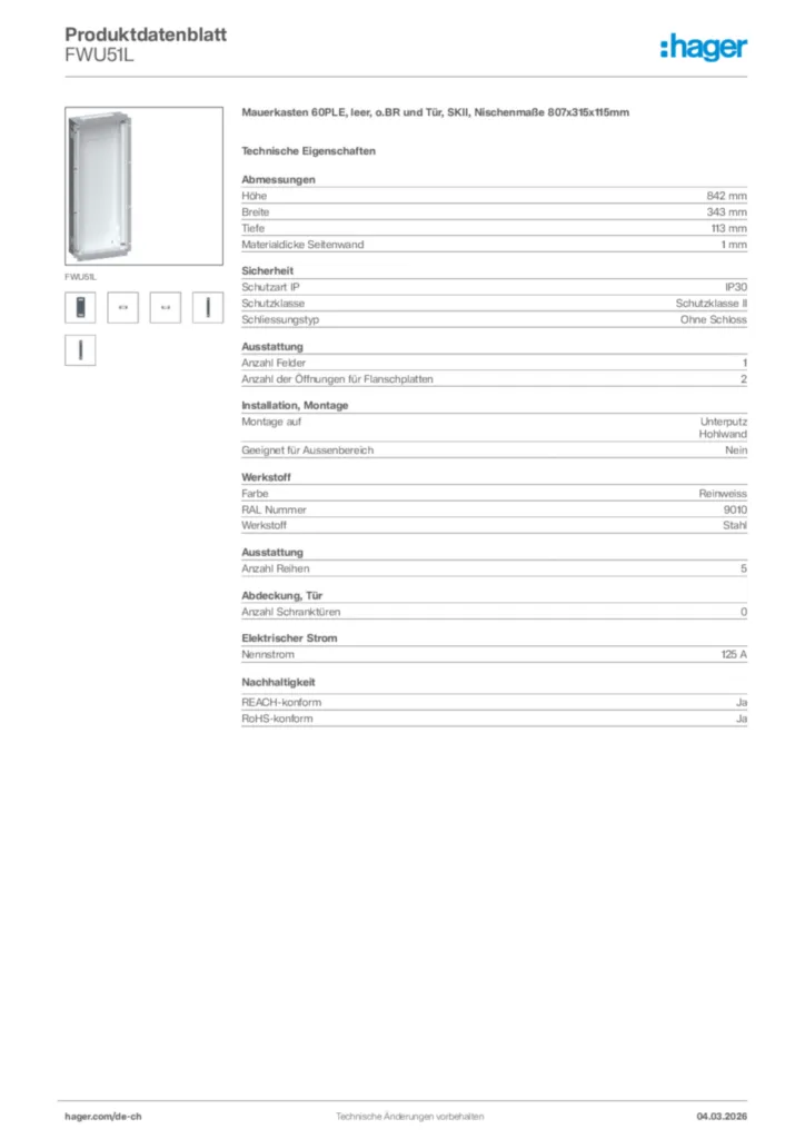 Bild Hager Produktdatenblatt FWU51L | Hager Schweiz