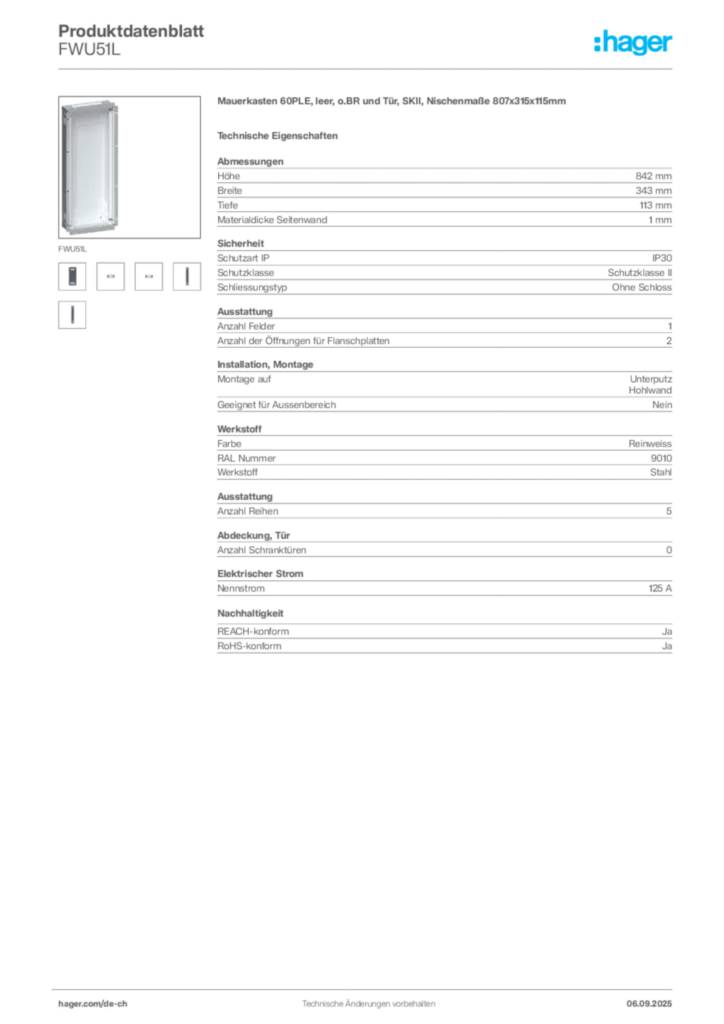 Bild Hager Produktdatenblatt FWU51L | Hager Schweiz