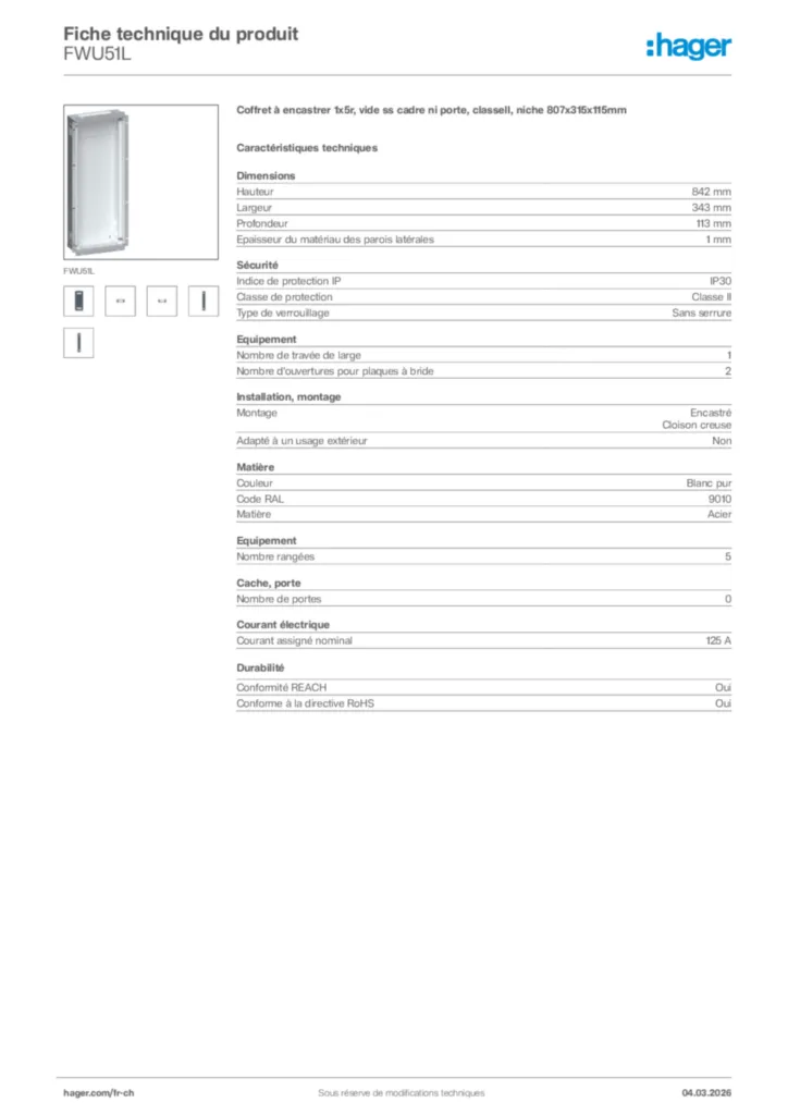 Image Hager Fiche technique du produit FWU51L | Hager Suisse