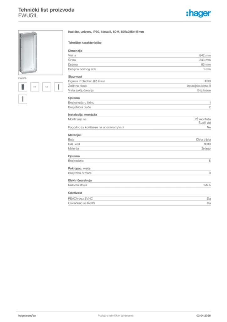Slika Hager Tehnički list proizvoda FWU51L  | Hager