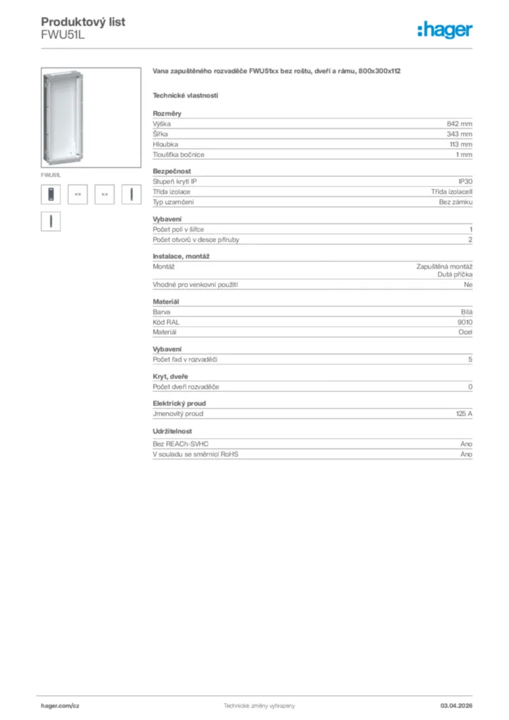 Obrázek Hager Product data sheet FWU51L | Hager