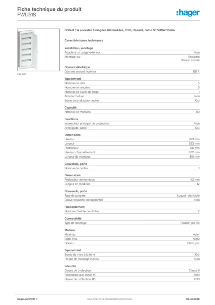 Image Hager Fiche technique du produit FWU51S | Hager Afrique