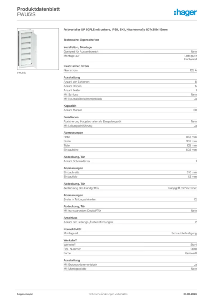 Bild Hager Produktdatenblatt FWU51S | Hager Deutschland