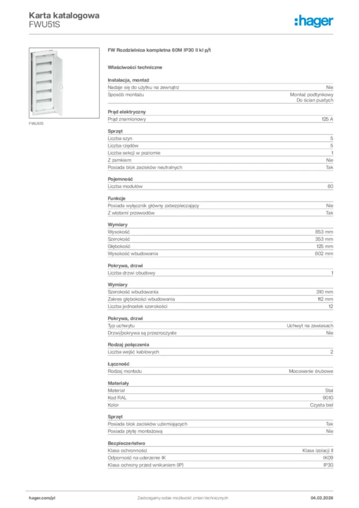 Zdjęcie Hager Karta katalogowa FWU51S | Hager Polska