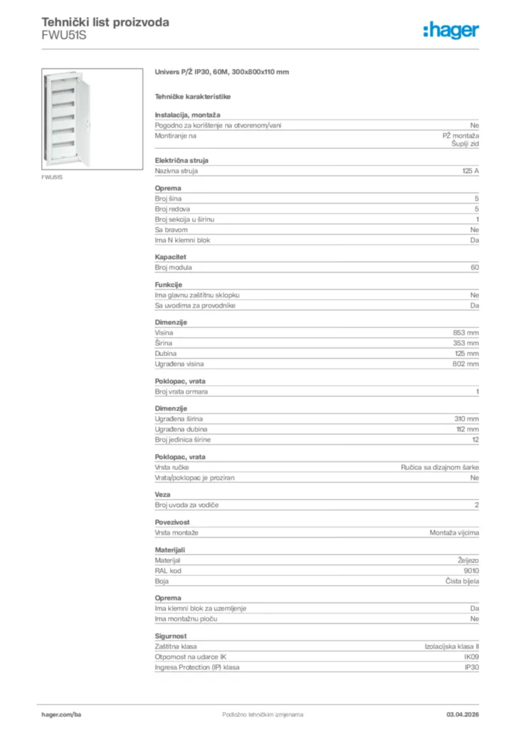 Slika Hager Tehnički list proizvoda FWU51S  | Hager