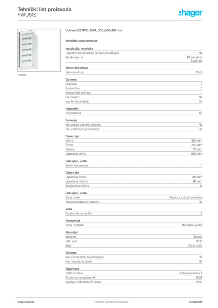 Slika Hager Product data sheet FWU51S  | Hager