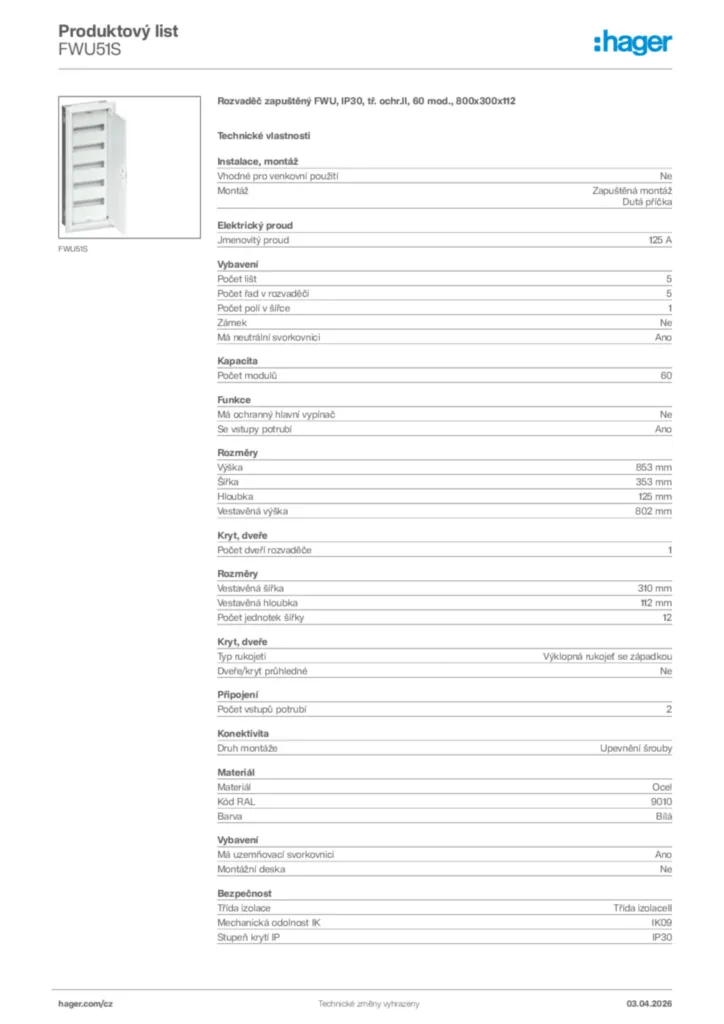 Obrázek Hager Product data sheet FWU51S | Hager