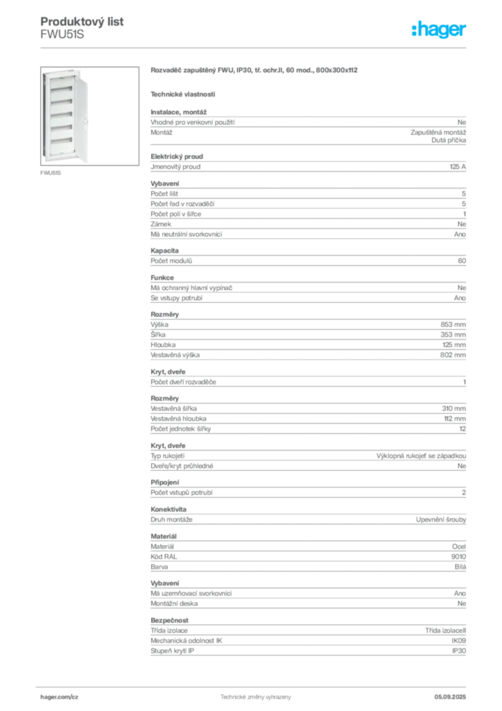 Obrázek Hager Produktový list FWU51S | Hager