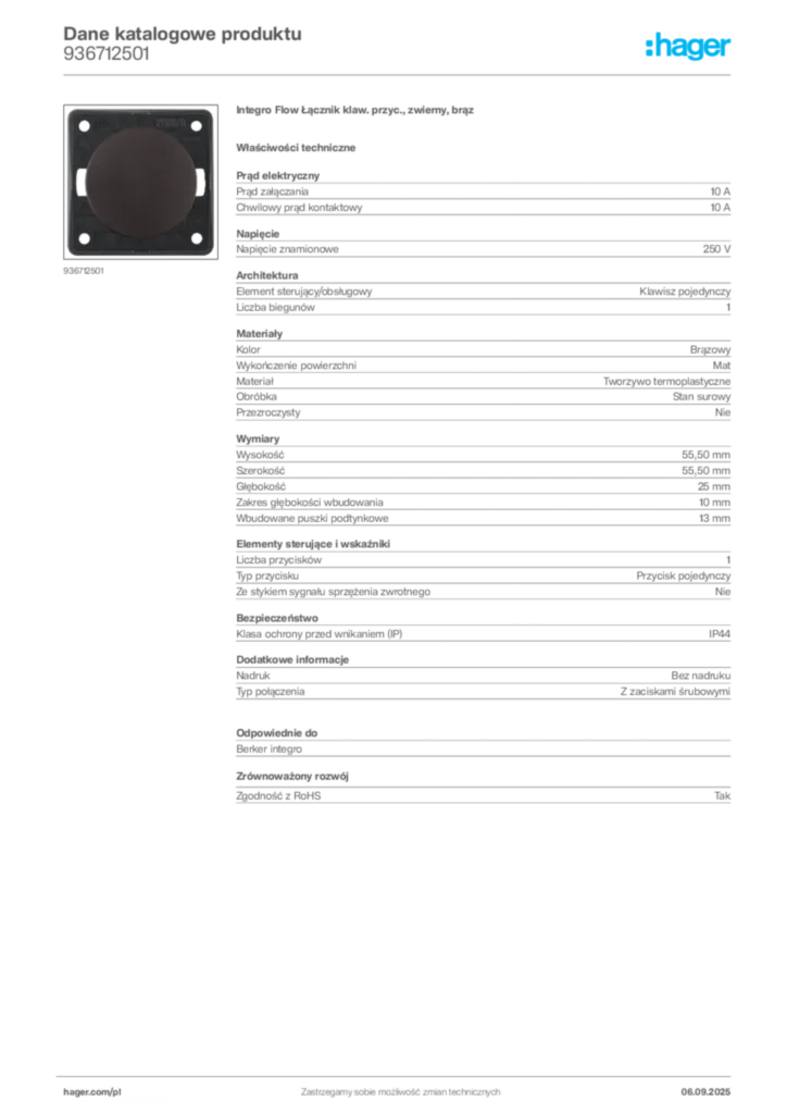 Zdjęcie Hager Dane katalogowe produktu 936712501 | Hager Polska