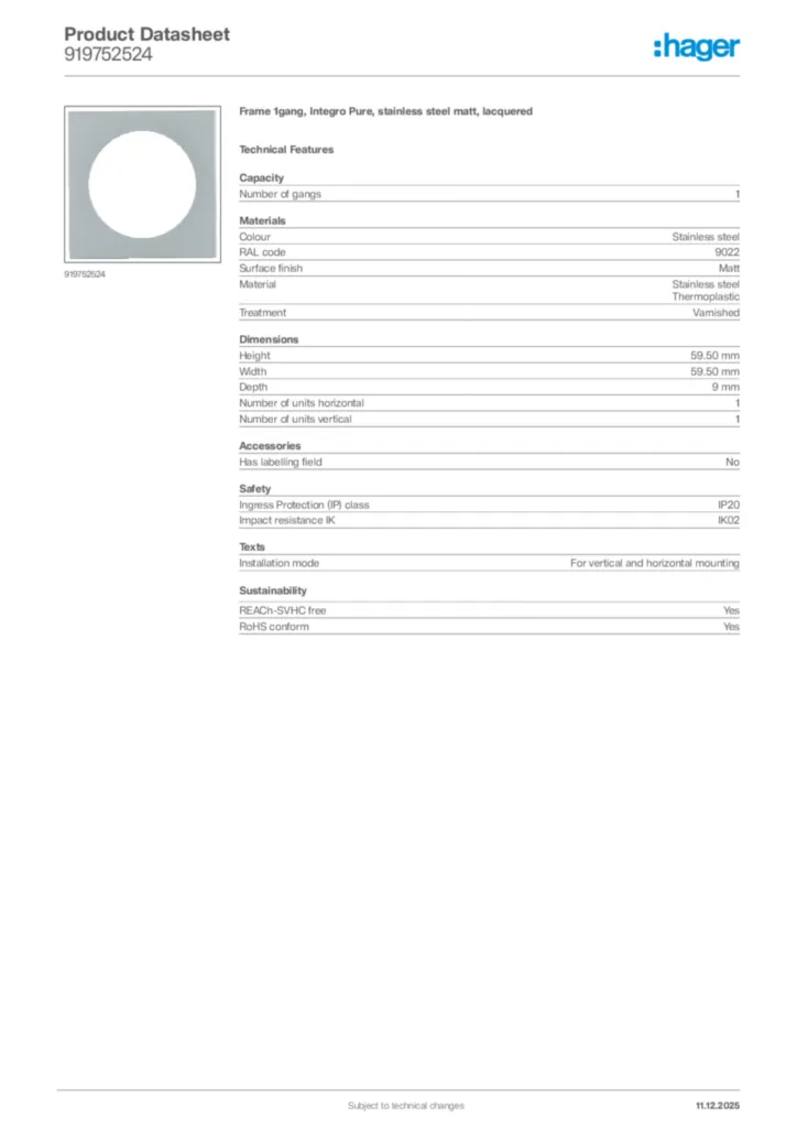 Image Hager Product data sheet 919752524  | Hager