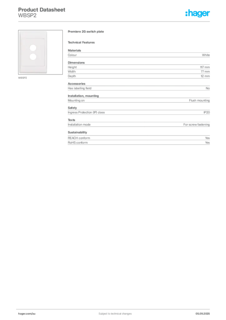 Image Hager Product data sheet WBSP2  | Hager Australia