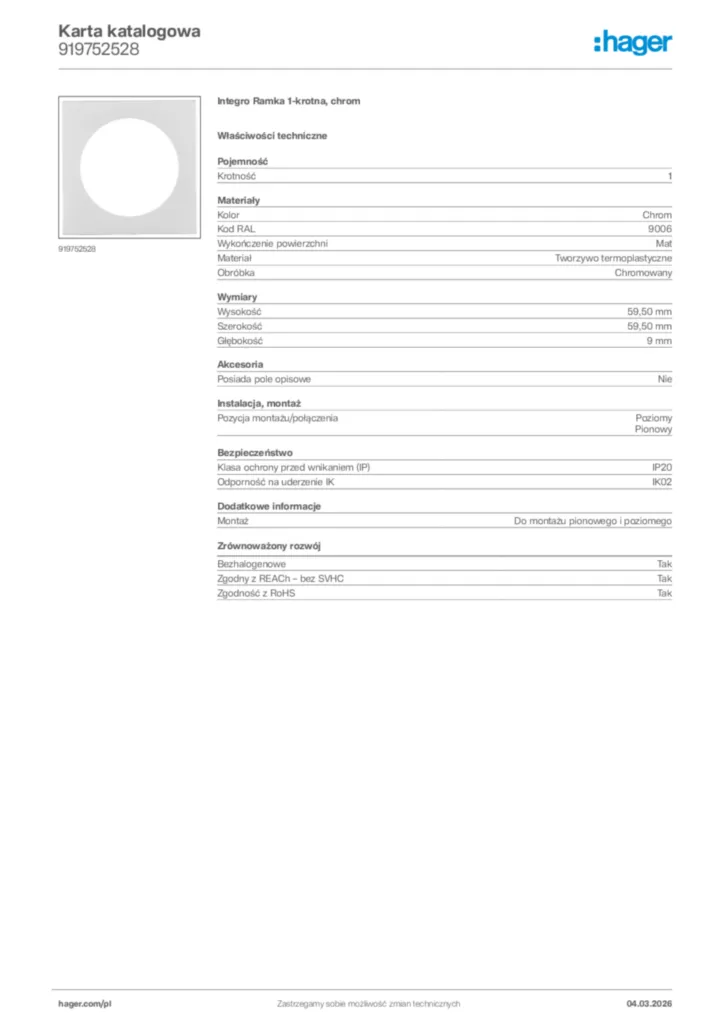 Zdjęcie Hager Karta katalogowa 919752528 | Hager Polska