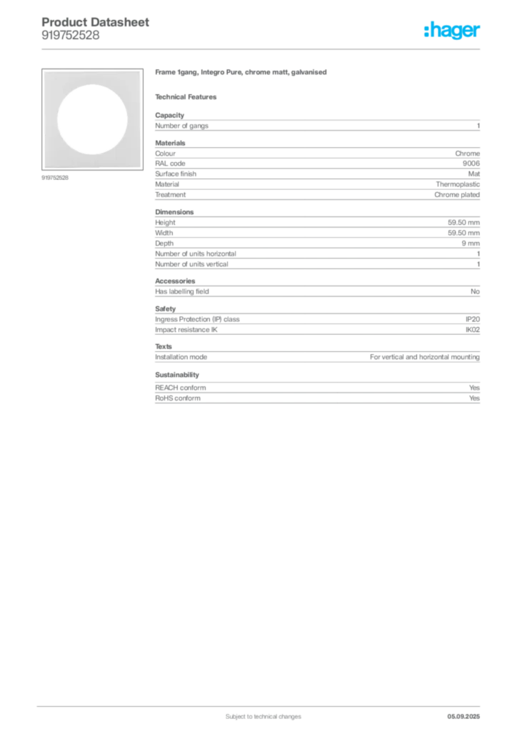 Image Hager Product data sheet 919752528  | Hager