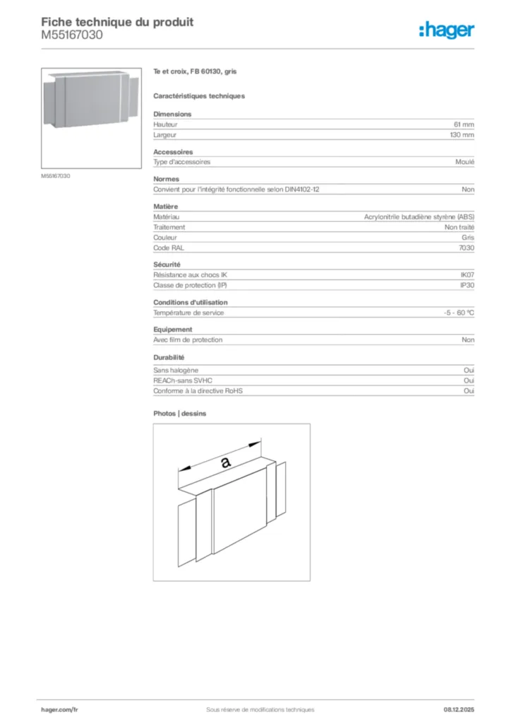 Image Hager Fiche technique du produit M55167030 | Hager France