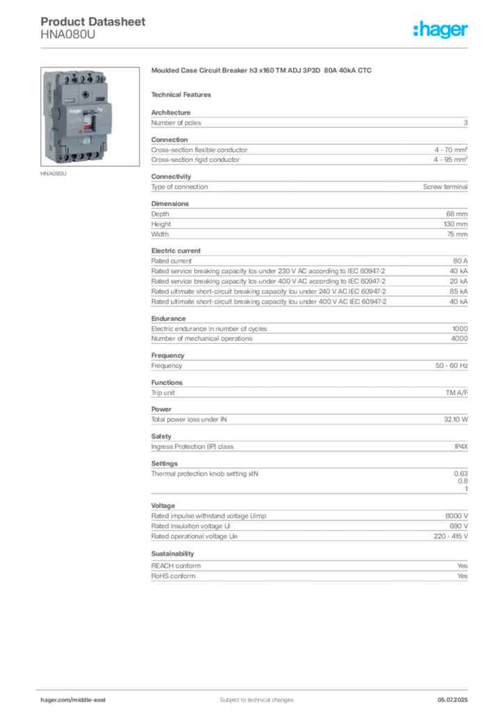 Image Hager Product data sheet HNA080U  | Hager