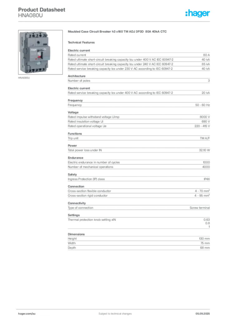 Image Hager Product data sheet HNA080U  | Hager Australia