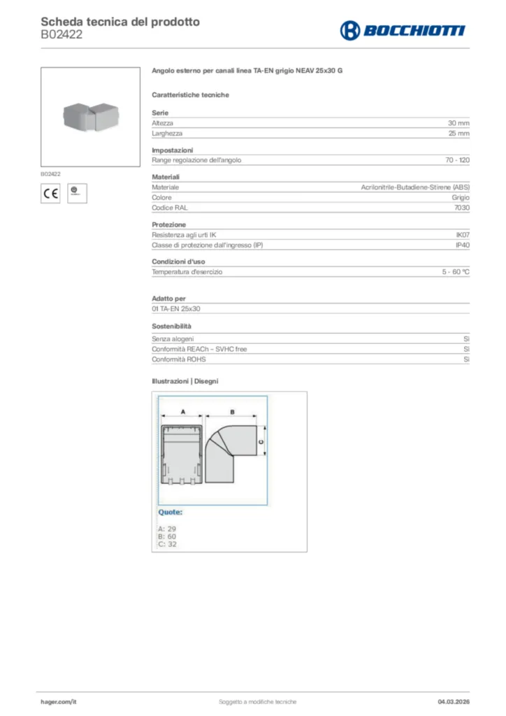 Immagine Bocchiotti Scheda tecnica del prodotto B02422 | Hager Italia