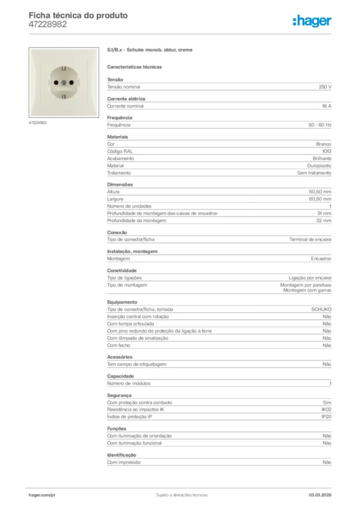 Imagem Hager Ficha técnica do produto 47228982 | Hager Portugal