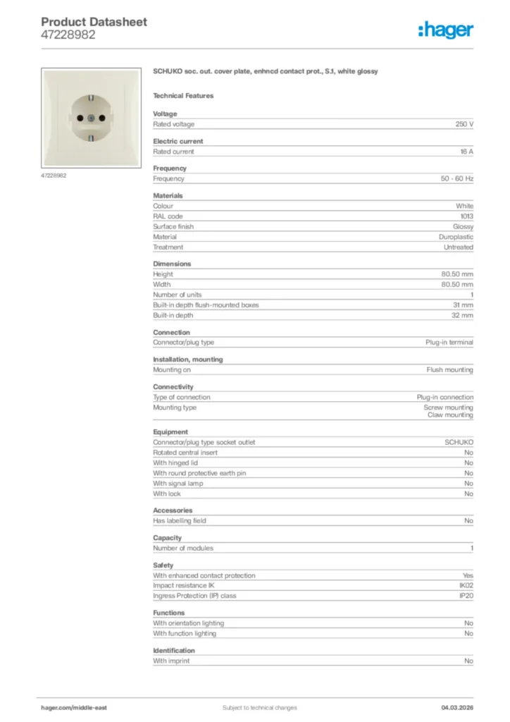 Image Hager Product data sheet 47228982  | Hager