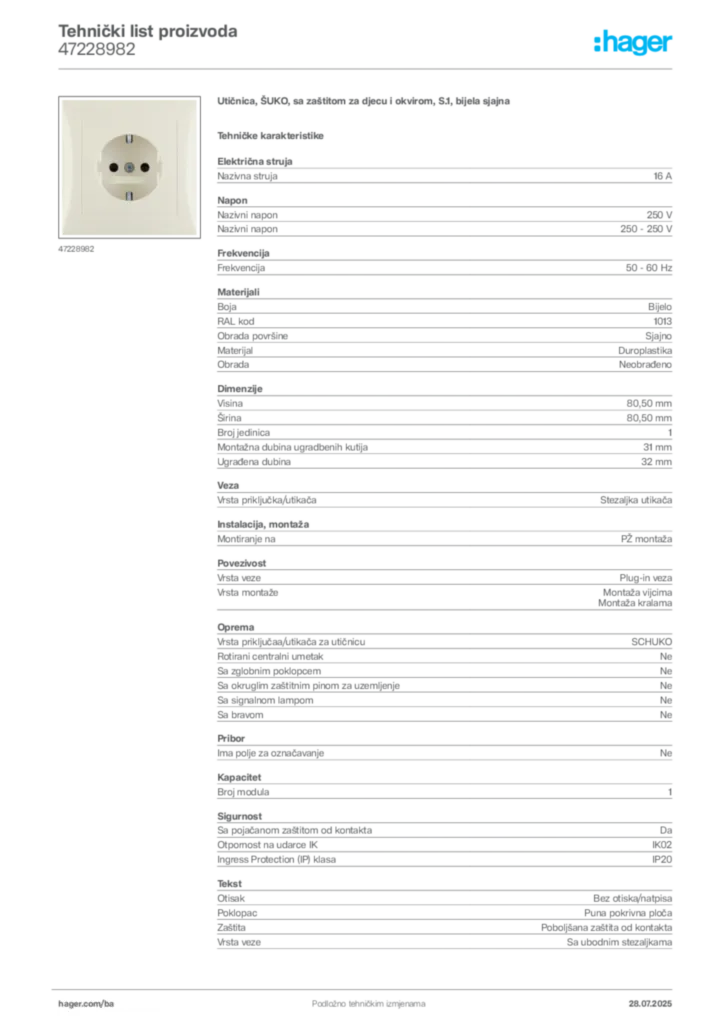 Slika Hager Product data sheet 47228982  | Hager
