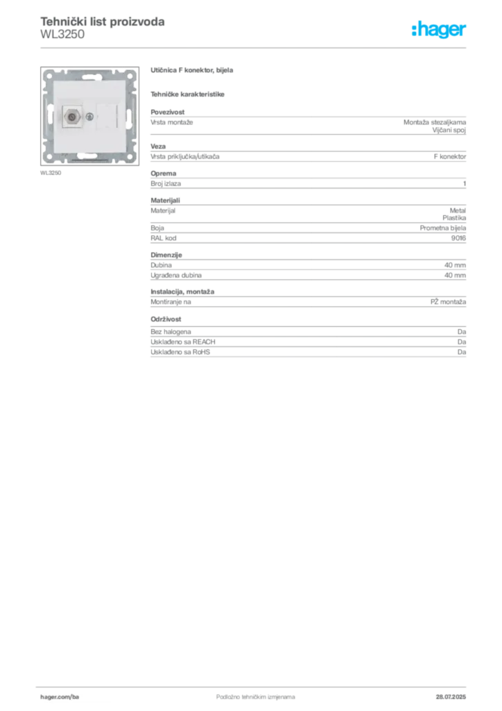 Slika Hager Product data sheet WL3250  | Hager