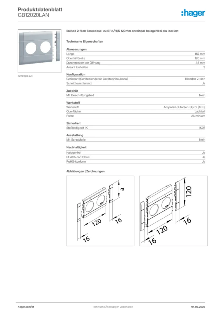 Bild Hager Produktdatenblatt GB12020LAN | Hager Deutschland