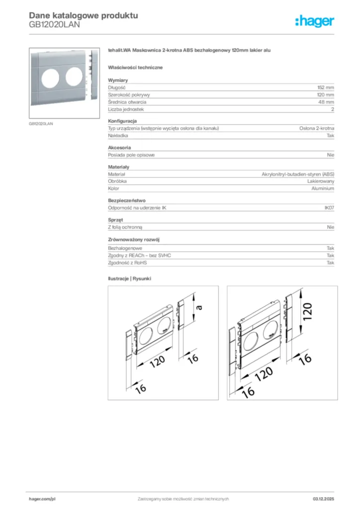 Zdjęcie Hager Dane katalogowe produktu GB12020LAN | Hager Polska