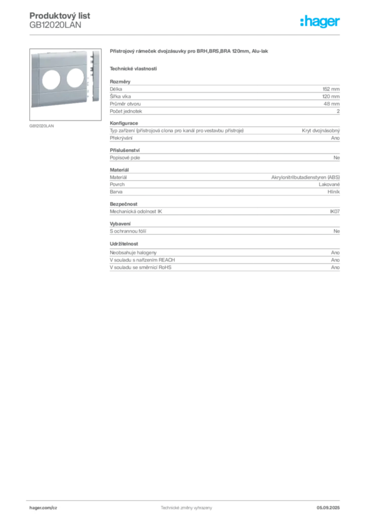 Obrázek Hager Produktový list GB12020LAN | Hager