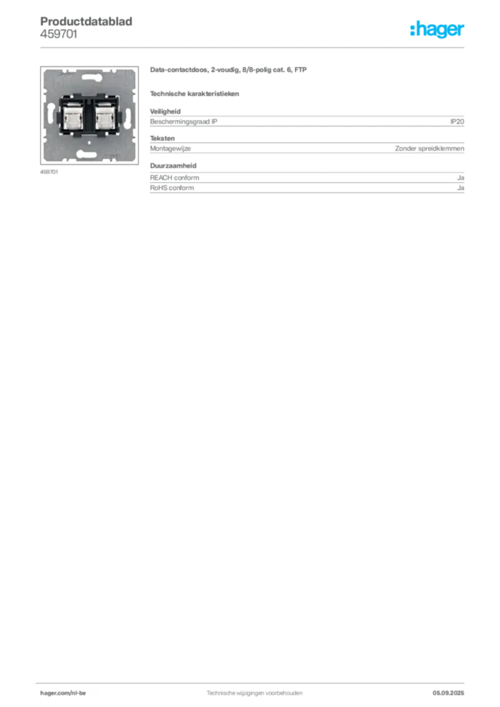 Afbeelding Hager Productdatablad 459701 | Hager Belgium