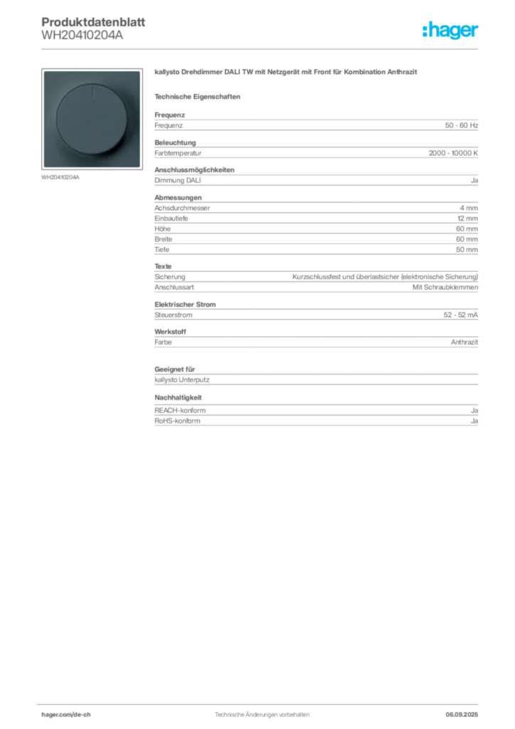 Bild Hager Produktdatenblatt WH20410204A | Hager Schweiz