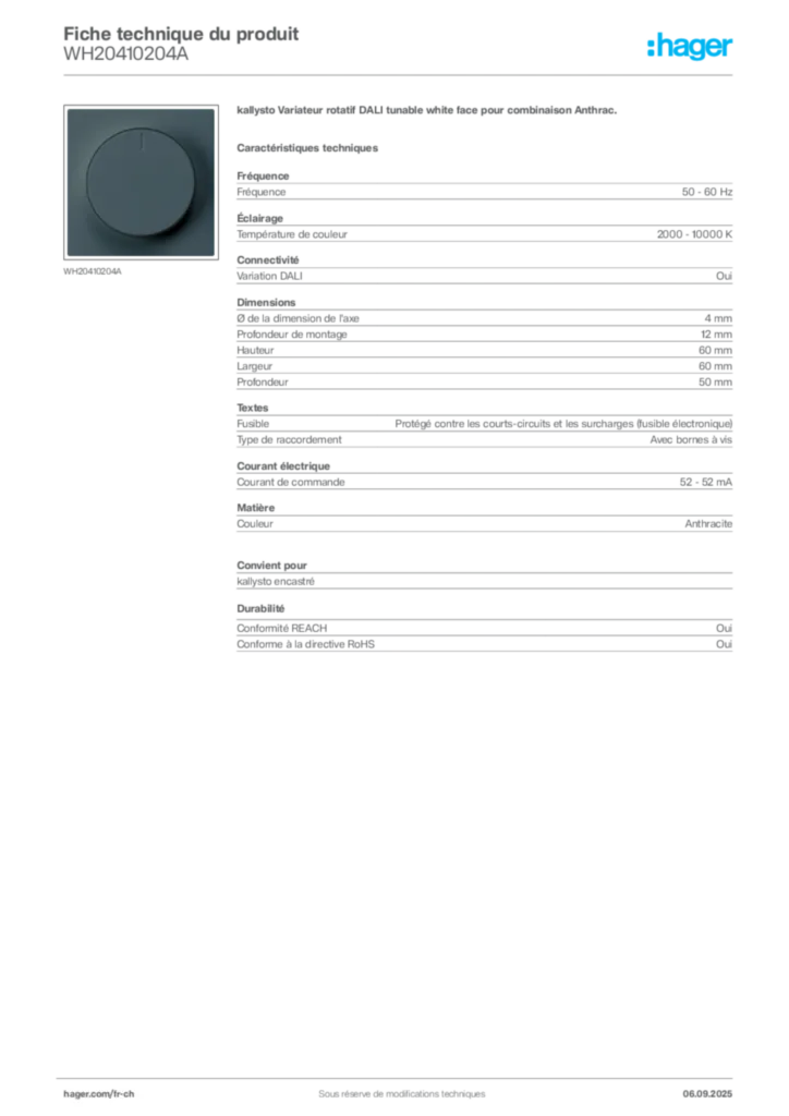 Image Hager Fiche technique du produit WH20410204A | Hager Suisse