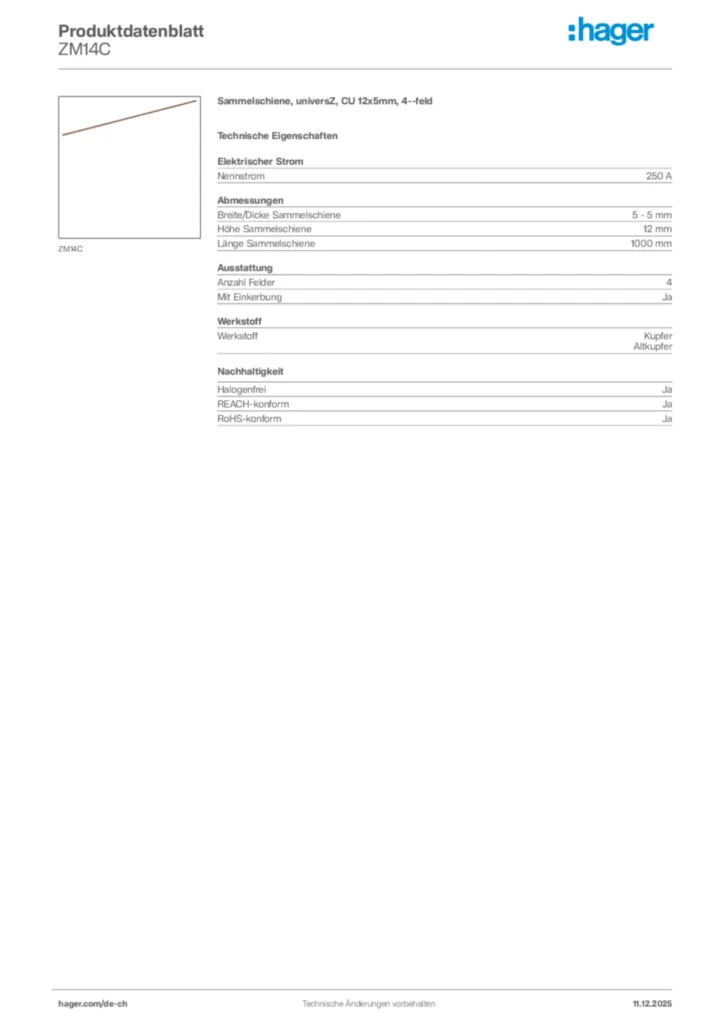 Bild Hager Produktdatenblatt ZM14C | Hager Schweiz