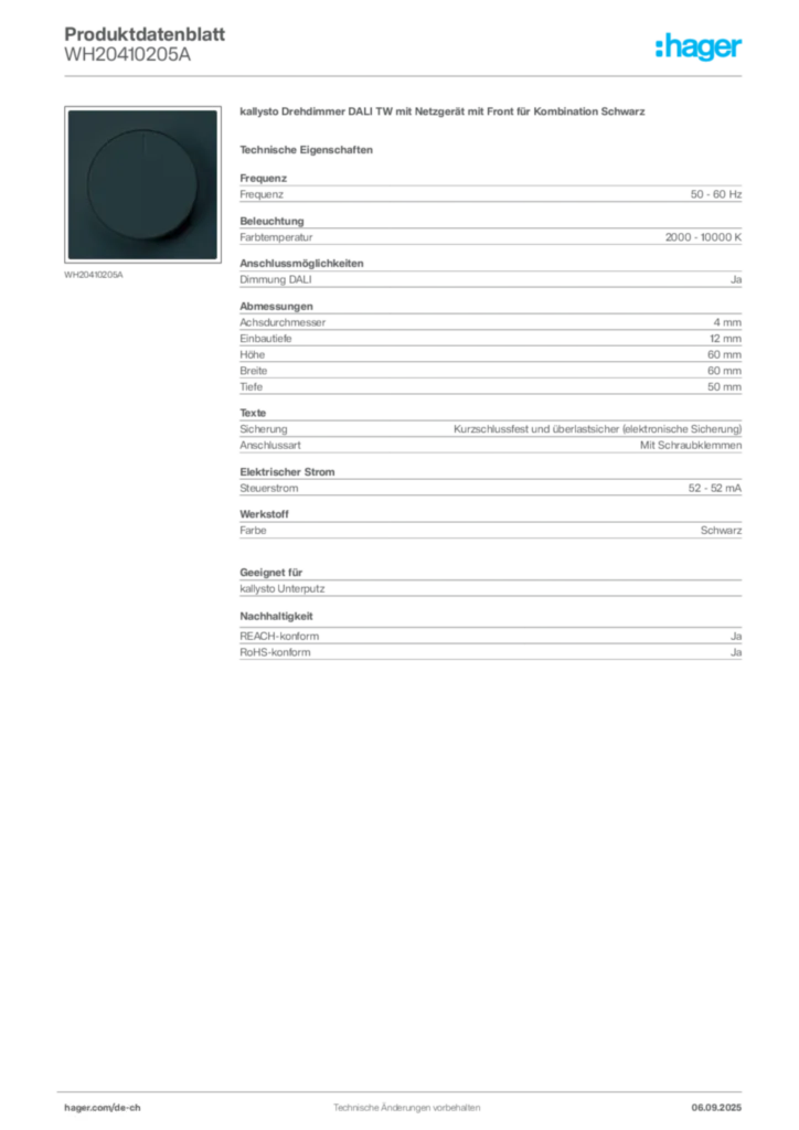 Bild Hager Produktdatenblatt WH20410205A | Hager Schweiz