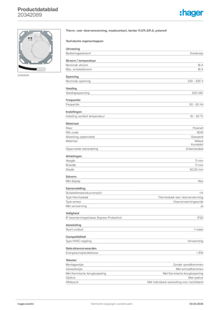 Afbeelding Hager Productdatablad 20342089 | Hager Nederland