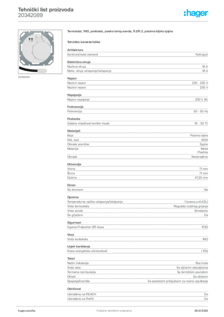 Slika Hager Product data sheet 20342089  | Hager