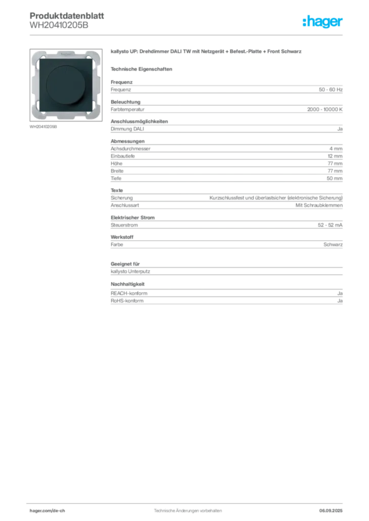 Bild Hager Produktdatenblatt WH20410205B | Hager Schweiz
