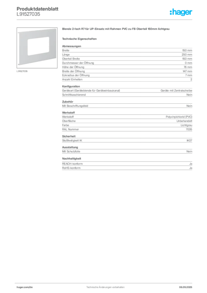 Hager Produktdatenblatt L91527035