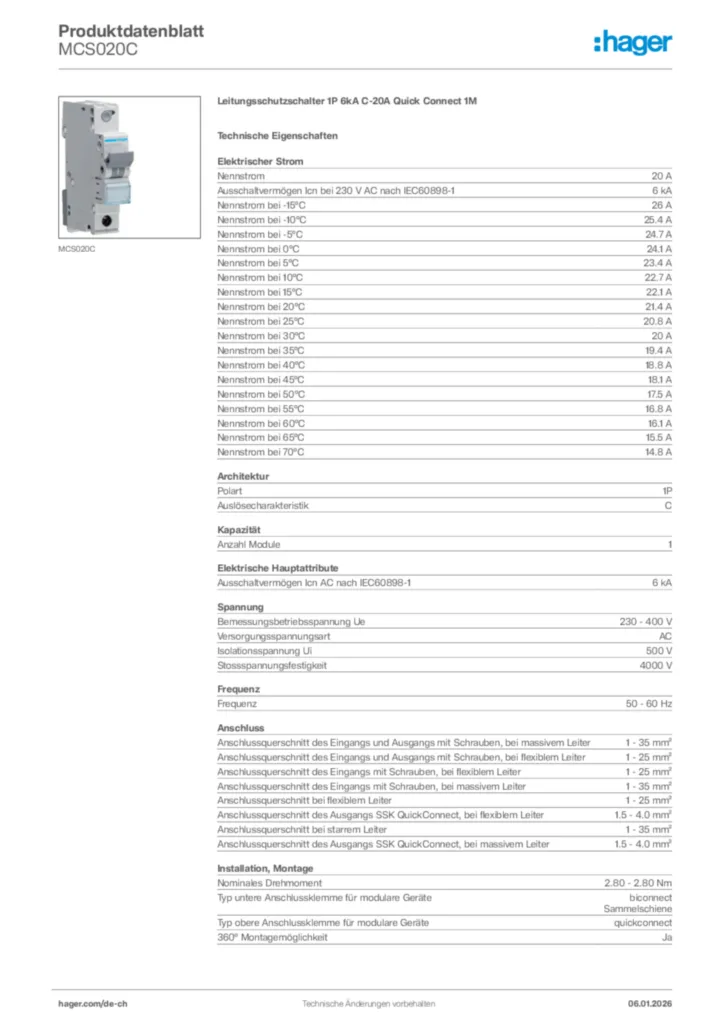 Bild Hager Produktdatenblatt MCS020C | Hager Schweiz