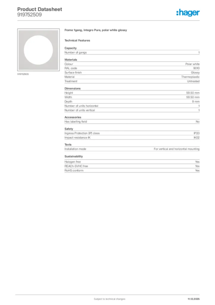Image Hager Product data sheet 919752509  | Hager